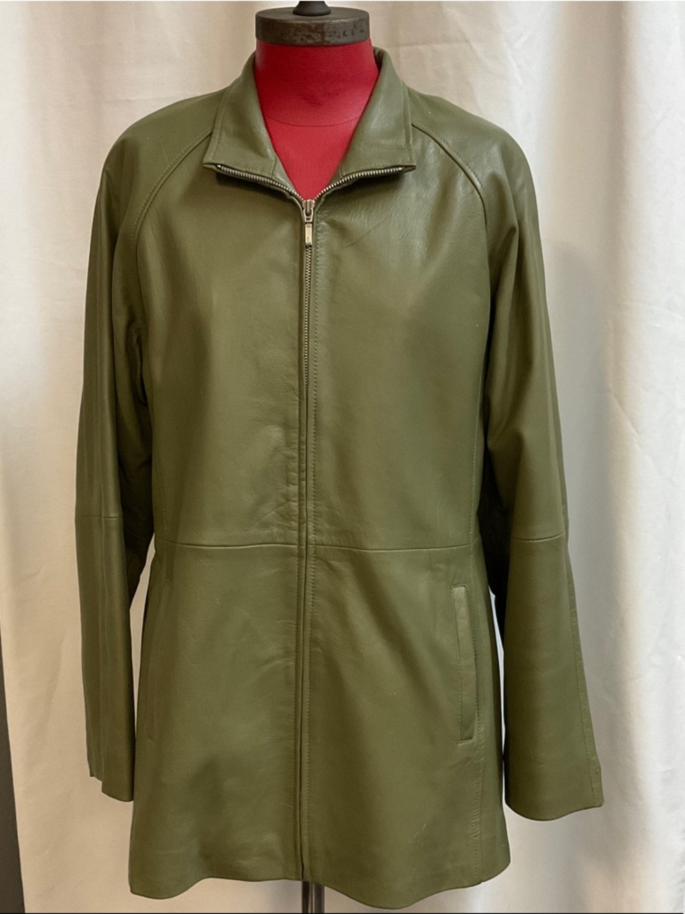 Olive Green Leather Zip-Front Jacket